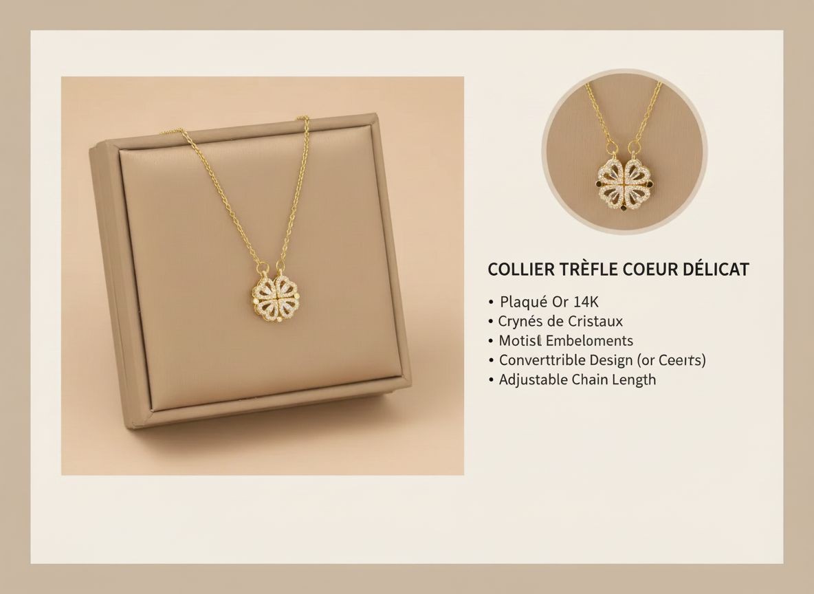Collier trèfle convertible en 4 cœurs plaqué or avec cristaux - Aura Rich Store Abidjan