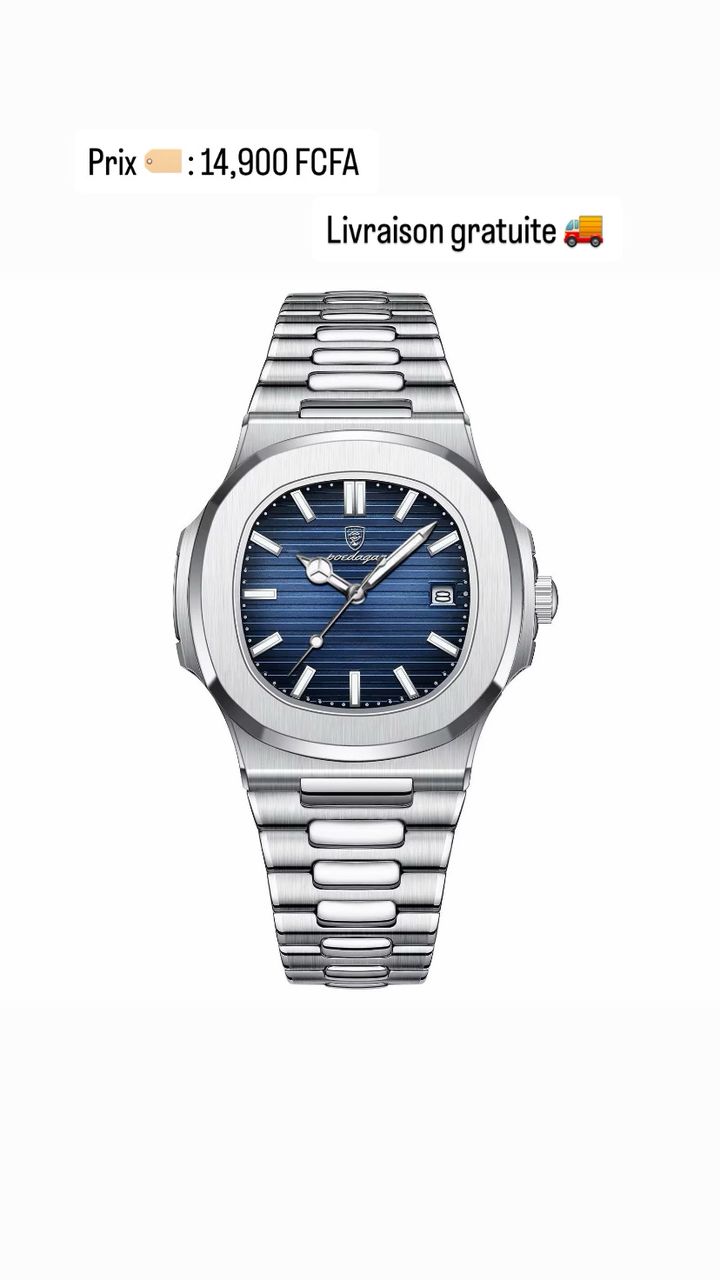 Montre POEDAGAR Nautilus cadran bleu soleillé bracelet acier inoxydable