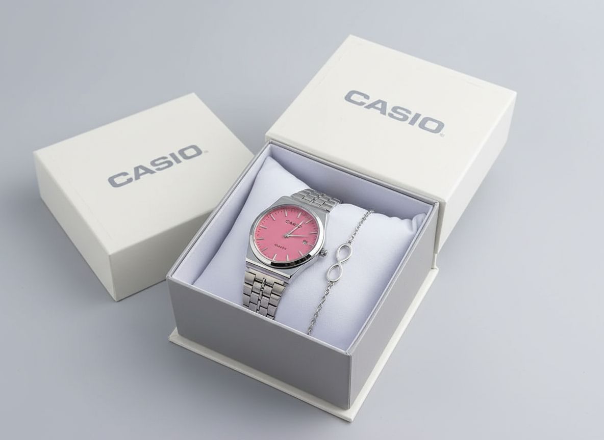 Coffret Cadeau Casio : Cadran Rose & Bracelet Acier Inoxydable