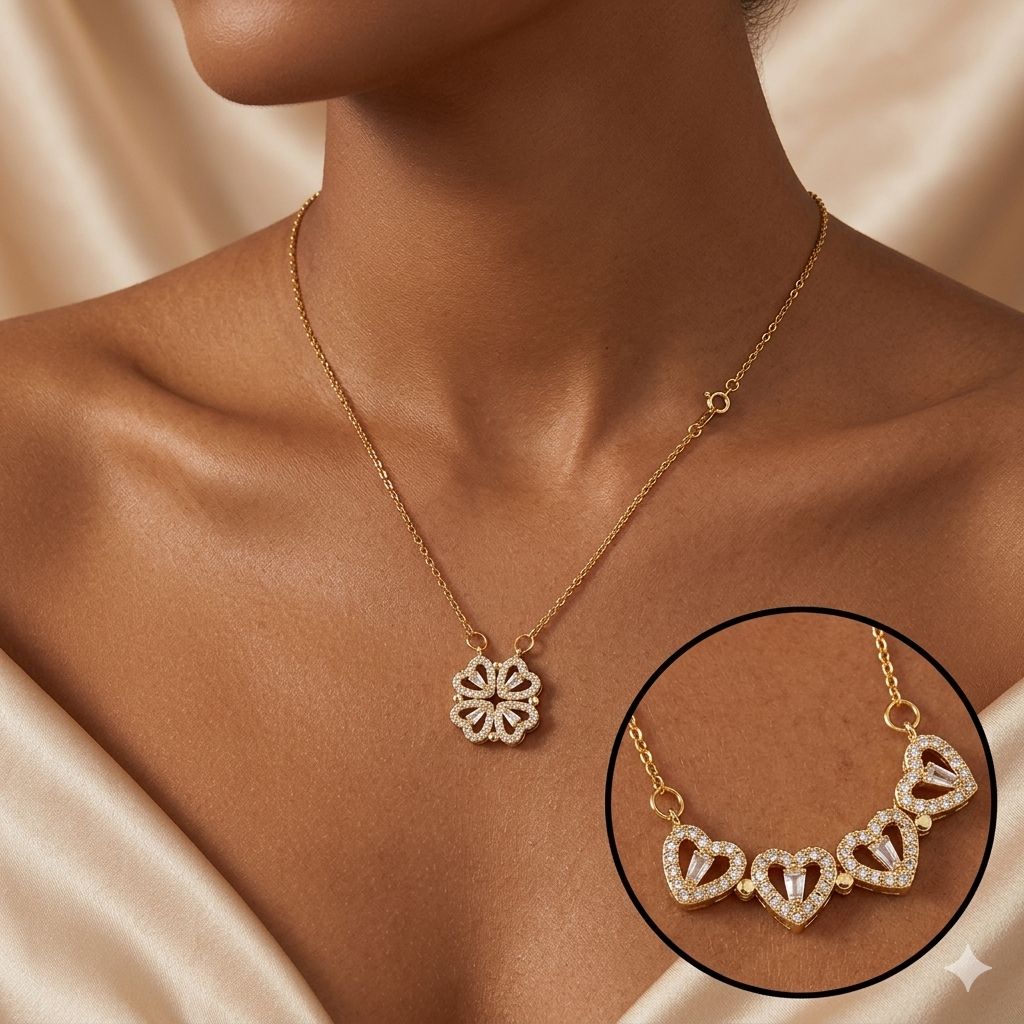 Collier trèfle convertible en 4 cœurs plaqué or avec cristaux - Aura Rich Store Abidjan