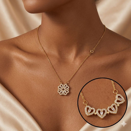 Collier trèfle convertible en 4 cœurs plaqué or avec cristaux - Aura Rich Store Abidjan