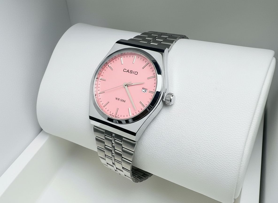 Montre Casio vintage cadran rose avec bracelet en acier inoxydable argenté - AuraRichStore