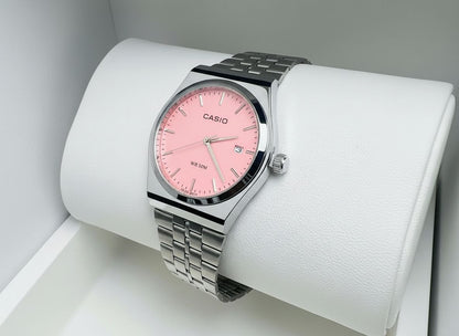 Montre Casio vintage cadran rose avec bracelet en acier inoxydable argenté - AuraRichStore