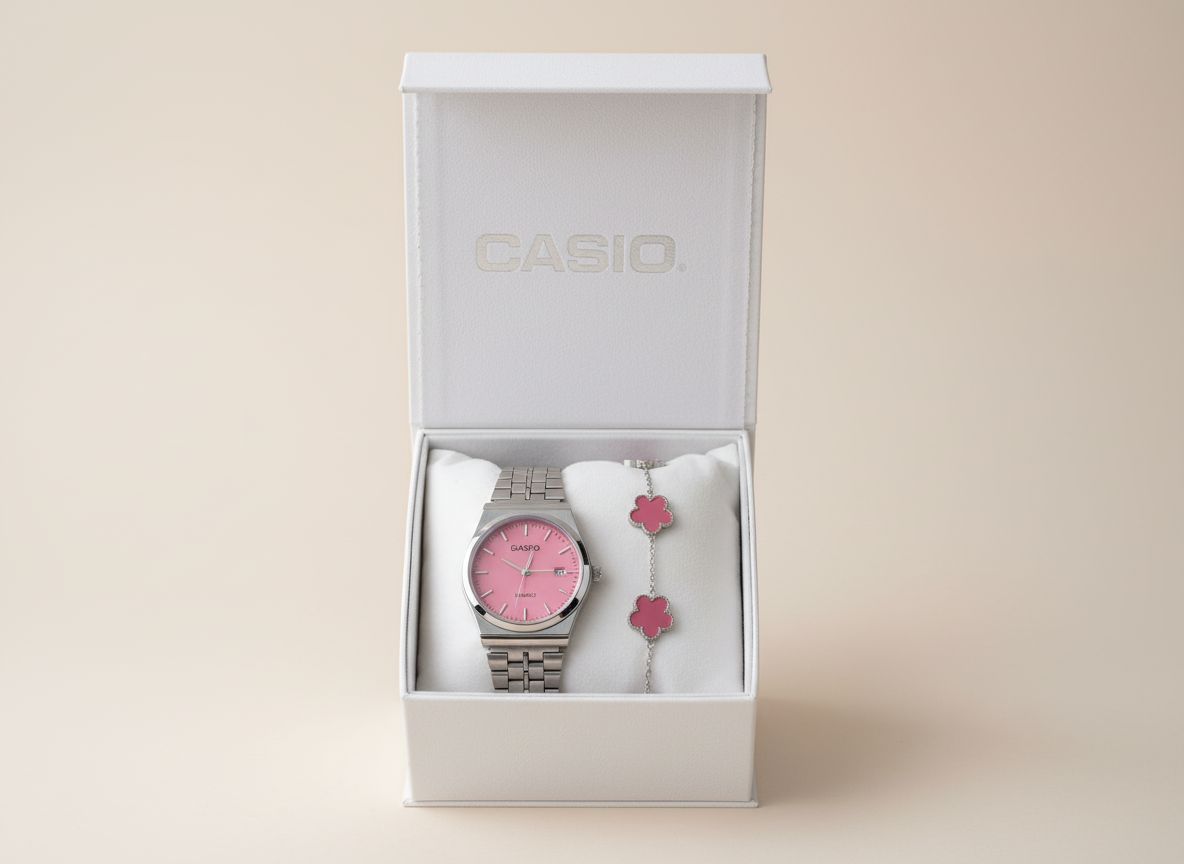 Montre Casio vintage cadran rose avec bracelet en acier inoxydable argenté