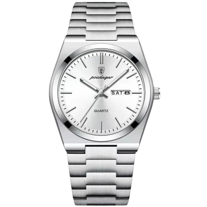 Montre Poedagar pour homme avec cadran blanc argenté présentée dans son écrin de luxe avec un coussin blanc.