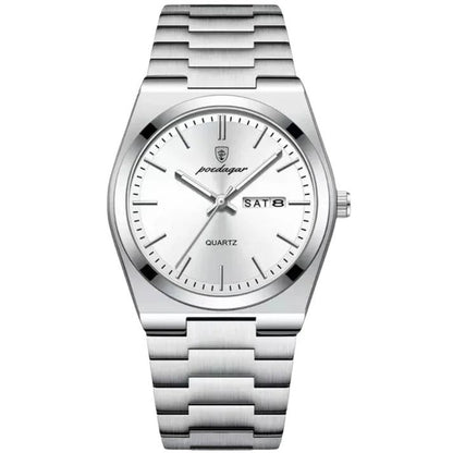 Montre Poedagar pour homme avec cadran blanc argenté présentée dans son écrin de luxe avec un coussin blanc.