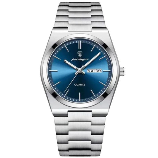Montre de luxe Poedagar pour homme avec cadran bleu soleillé, affichage date et jour, et bracelet en acier inoxydable argenté.