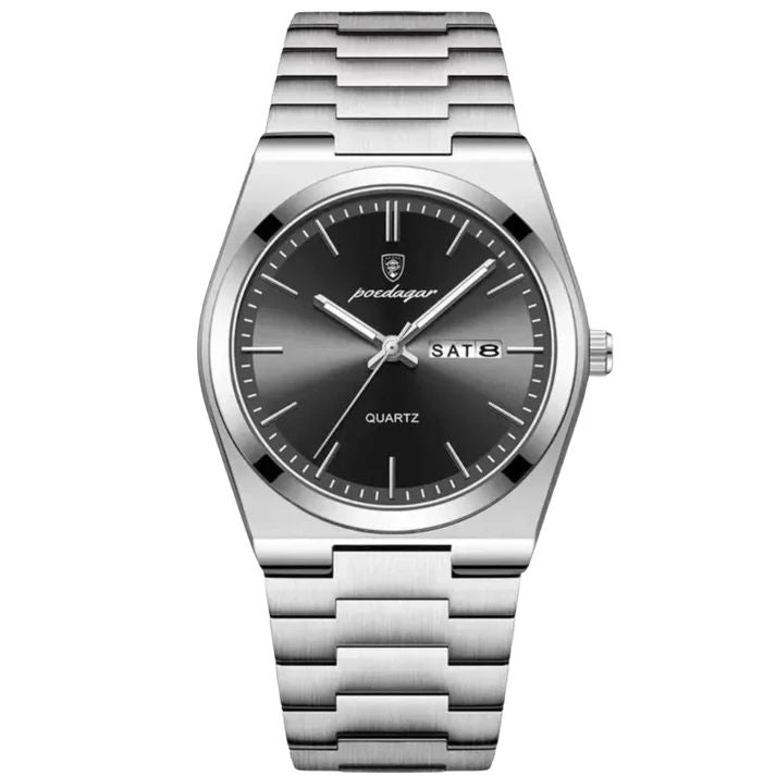 Montre de luxe Poedagar pour homme avec cadran noir soleillé, affichage de la date et du jour, et bracelet en acier inoxydable argenté.