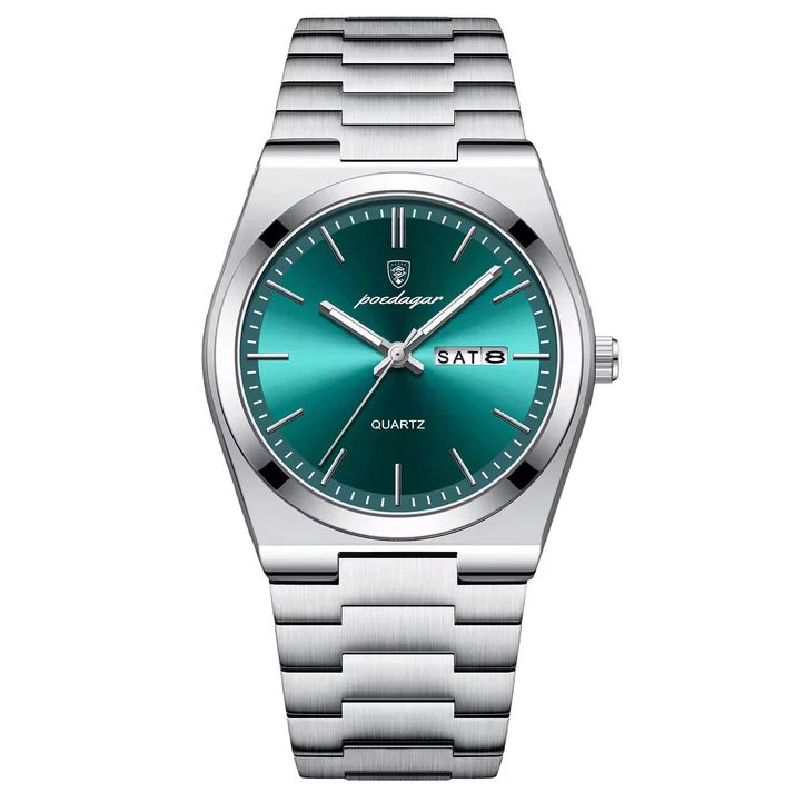 Montre de luxe Poedagar pour homme avec cadran vert émeraude soleillé, affichage calendrier double, et bracelet en acier argenté.