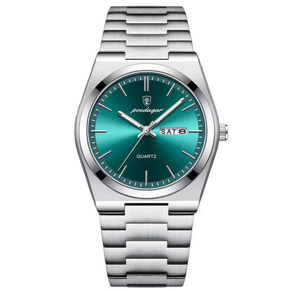 Montre de luxe Poedagar pour homme avec cadran vert émeraude soleillé, affichage calendrier double, et bracelet en acier argenté.