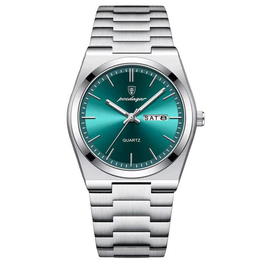 Montre de luxe Poedagar pour homme avec cadran vert émeraude soleillé, affichage calendrier double, et bracelet en acier argenté.