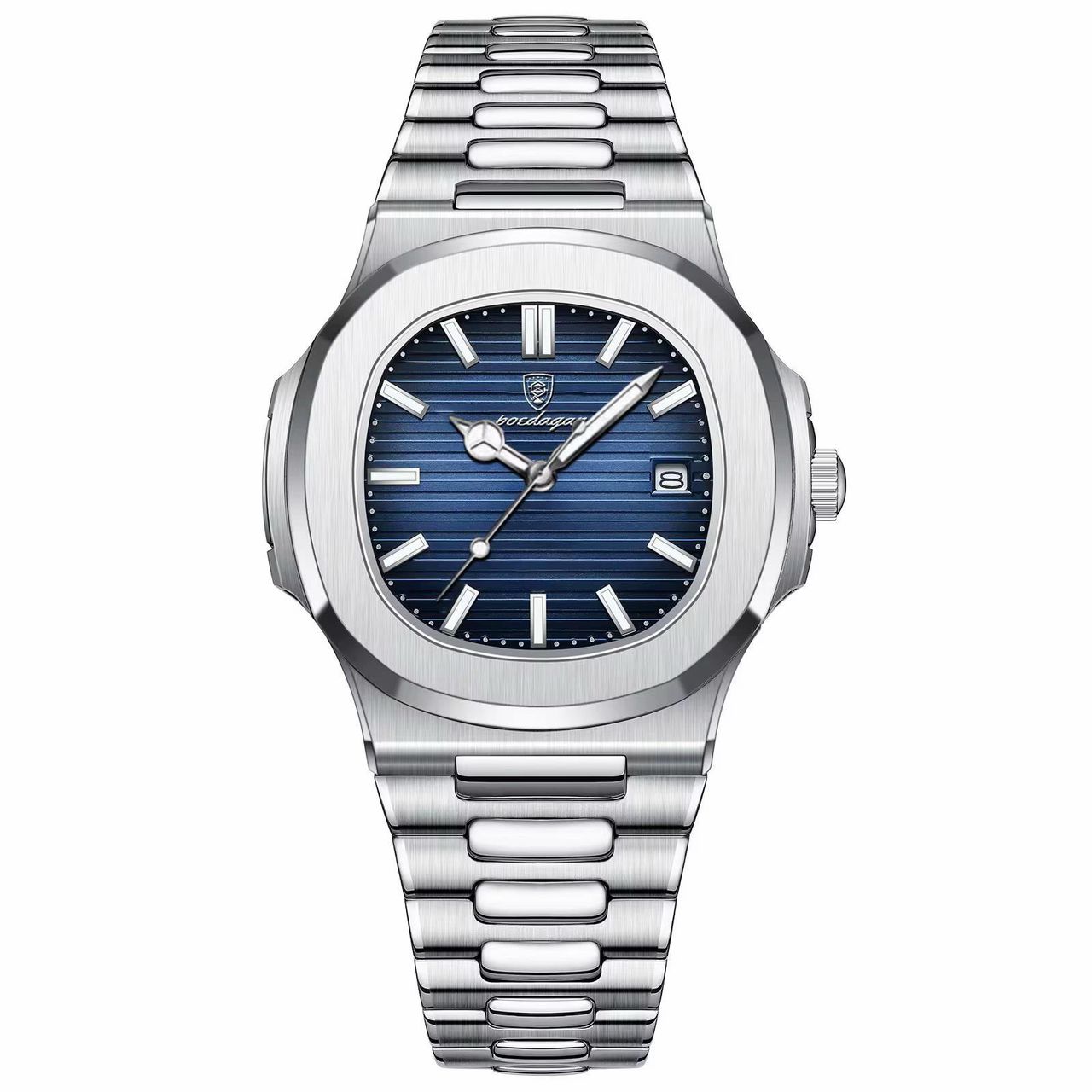 Montre POEDAGAR Nautilus cadran bleu soleillé bracelet acier inoxydable