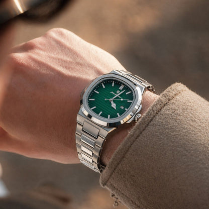 Montre POEDAGAR Nautilus cadran vert bracelet acier inoxydable