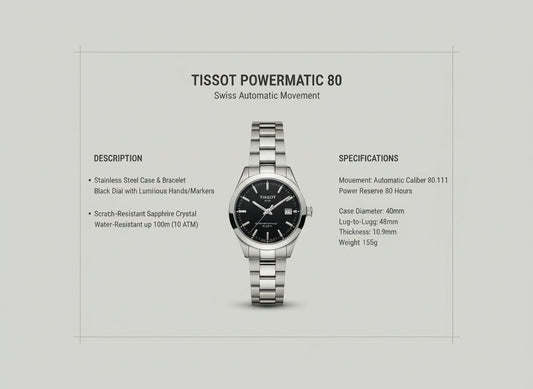 Montre Tissot Gentleman Powermatic 80 avec cadran noir, posée sur une table blanche, style luxe et épuré
