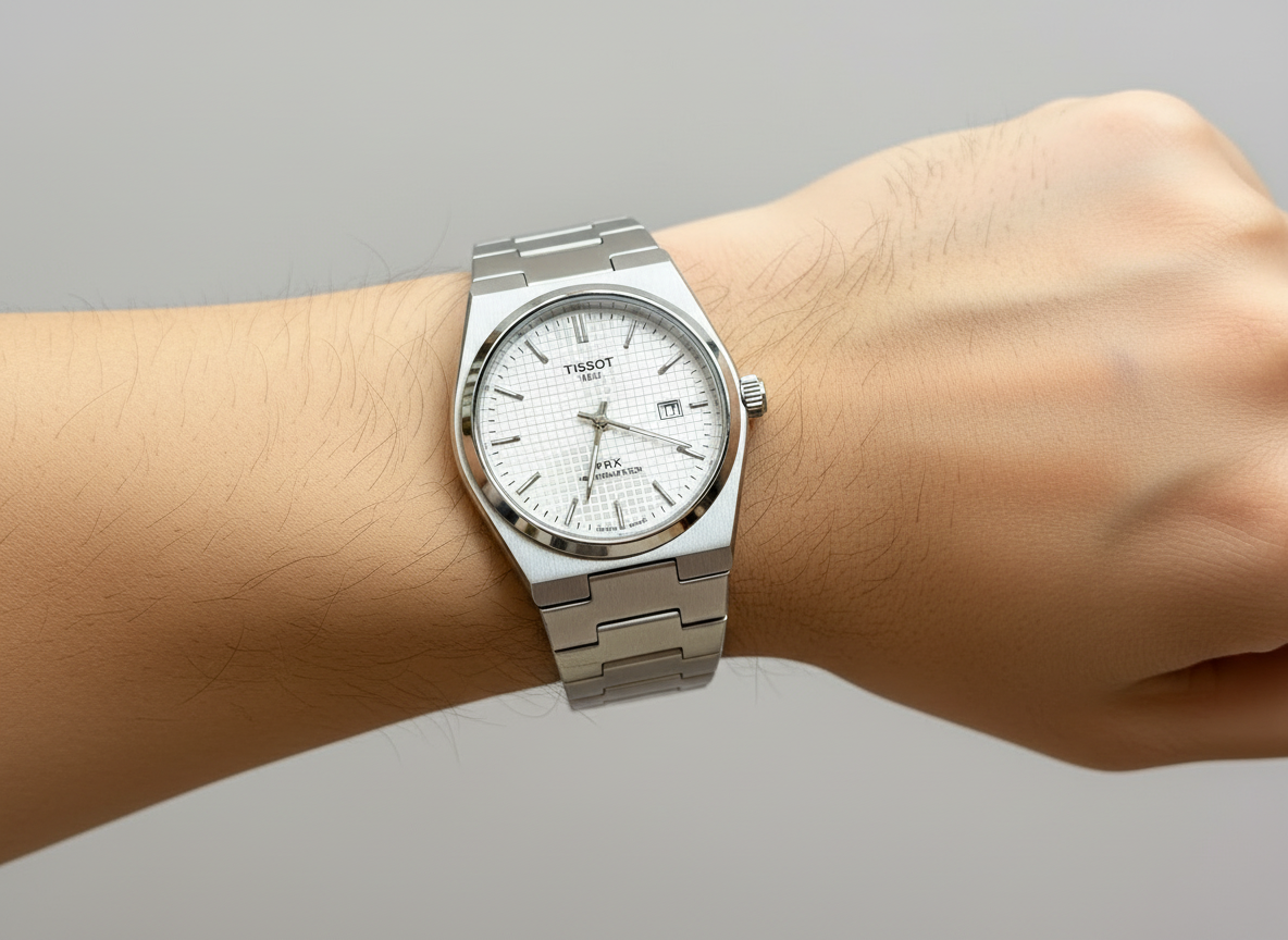 Montre Tissot PRX cadran blanc tenue en main en boutique – Aura Rich Store Abidjan